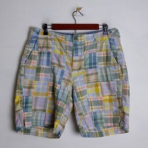 L.L. Bean Madras Bermuda plaid shorts size 16  pastel blue pink yellow